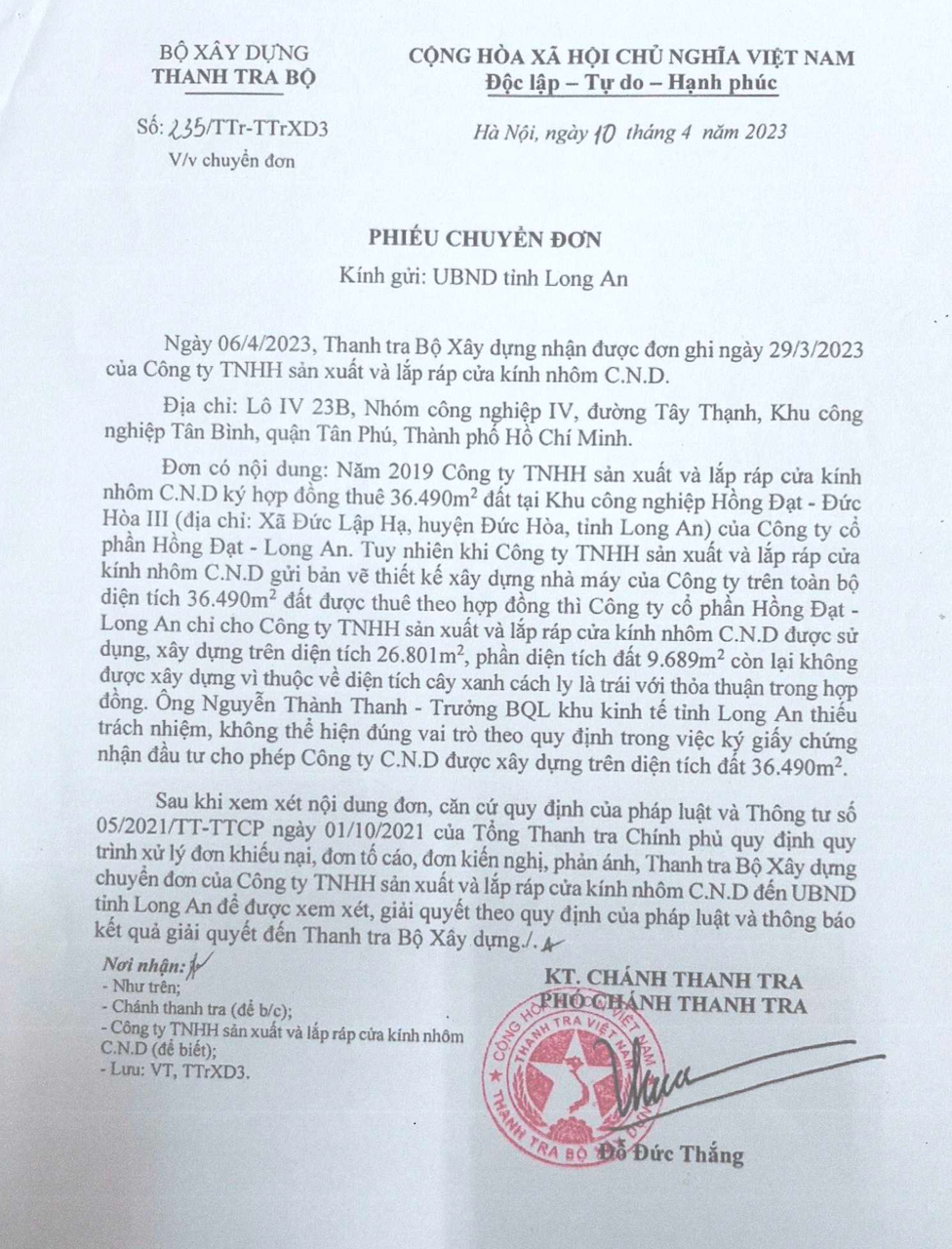 Bộ Xây Dựng, Bộ KH&ĐT đề nghị UBND tỉnh Long An giải quyết đơn thư của Công ty TNHH sản xuất và lắp ráp của kính nhôm CND -0