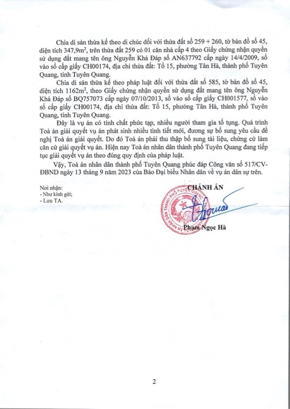 Toà án nhân dân thành phố Tuyên Quang phúc đáp đơn phản ánh của cử tri gửi Báo Đại biểu Nhân dân -0