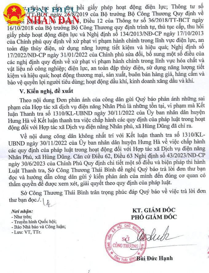 Sở Công thương tỉnh Thái Bình phản hồi đơn phản ánh cử tri gửi Báo Đại biểu Nhân dân -0