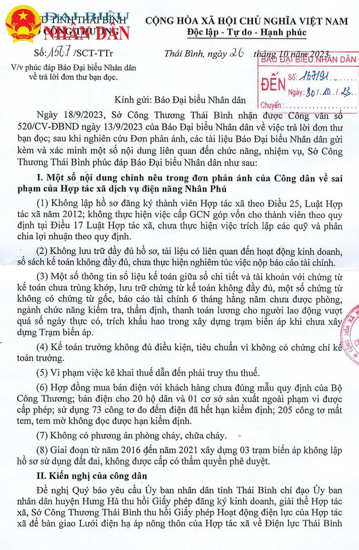 Sở Công thương tỉnh Thái Bình phản hồi đơn phản ánh cử tri gửi Báo Đại biểu Nhân dân -0