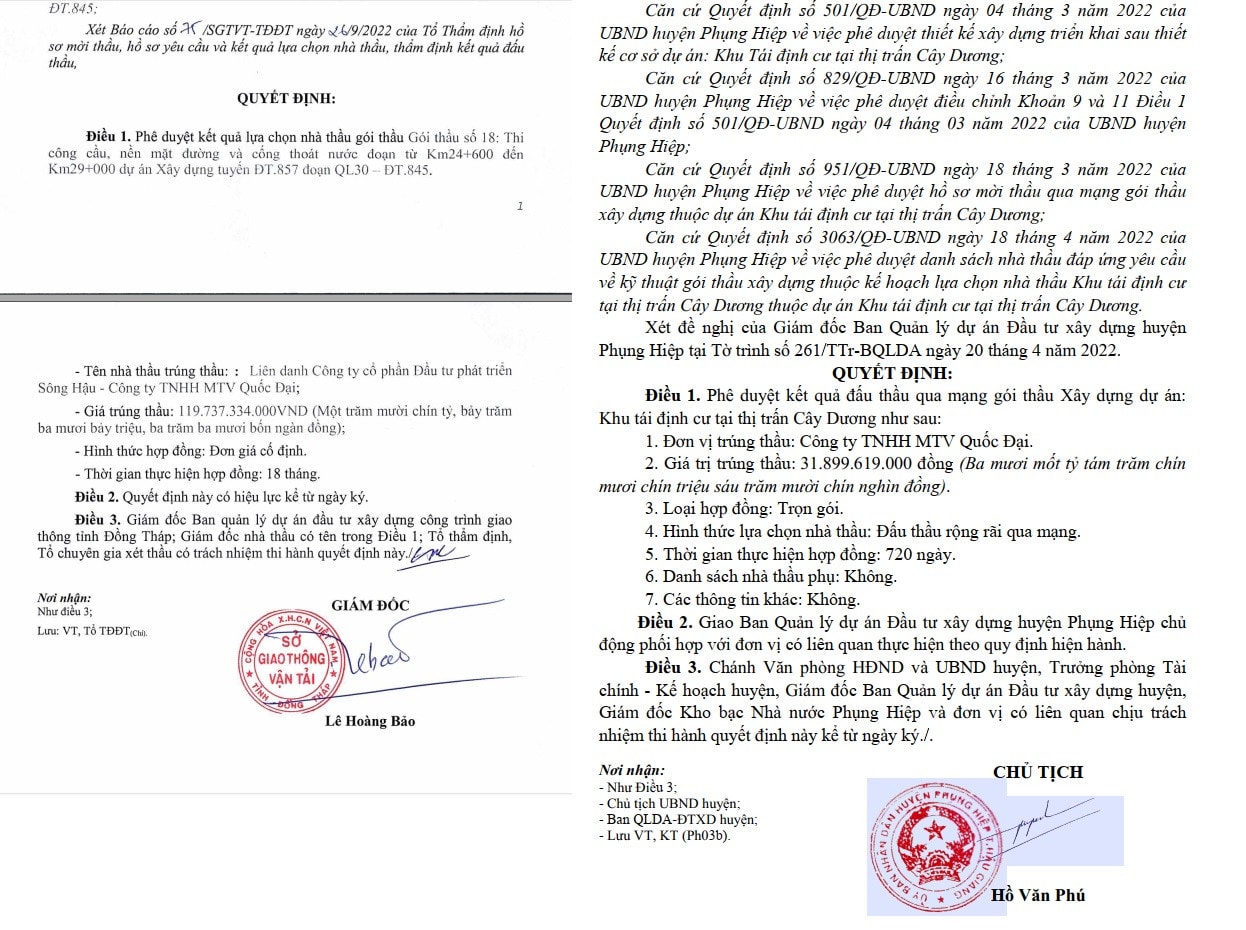 Ông Lê Hoàng Bảo – Giám đốc Sở GT-VT tỉnh Đồng Tháp và ông Hồ Văn Phú – Chủ tịch UBND huyện Phụng Hiệp, tỉnh Hậu Giang ký 2 quyết định cho Cty Quốc Đại trúng thầu với tỉ lệ tiết kiệm ngân sách 0,11% và 0,13%.