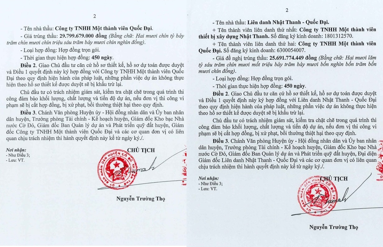 Ông Nguyễn Trường Thọ – Chủ tịch UBND huyện Cờ Đỏ, TP. Cần Thơ liên tiếp ký 2 quyết định cho Cty Quốc Đại trúng 2 gói thầu đầu tư công với tổng giá trị hơn 55 tỷ đồng