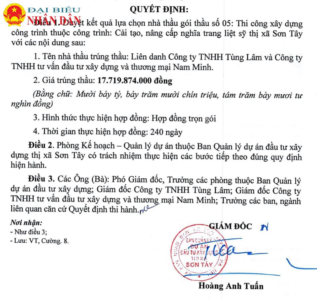 Hàng loạt các gói thầu đầu tư công do ban QLDA ĐTXD thị xã Sơn Tây làm chủ đầu tư có tỷ lệ tiết kiệm ngân sách 