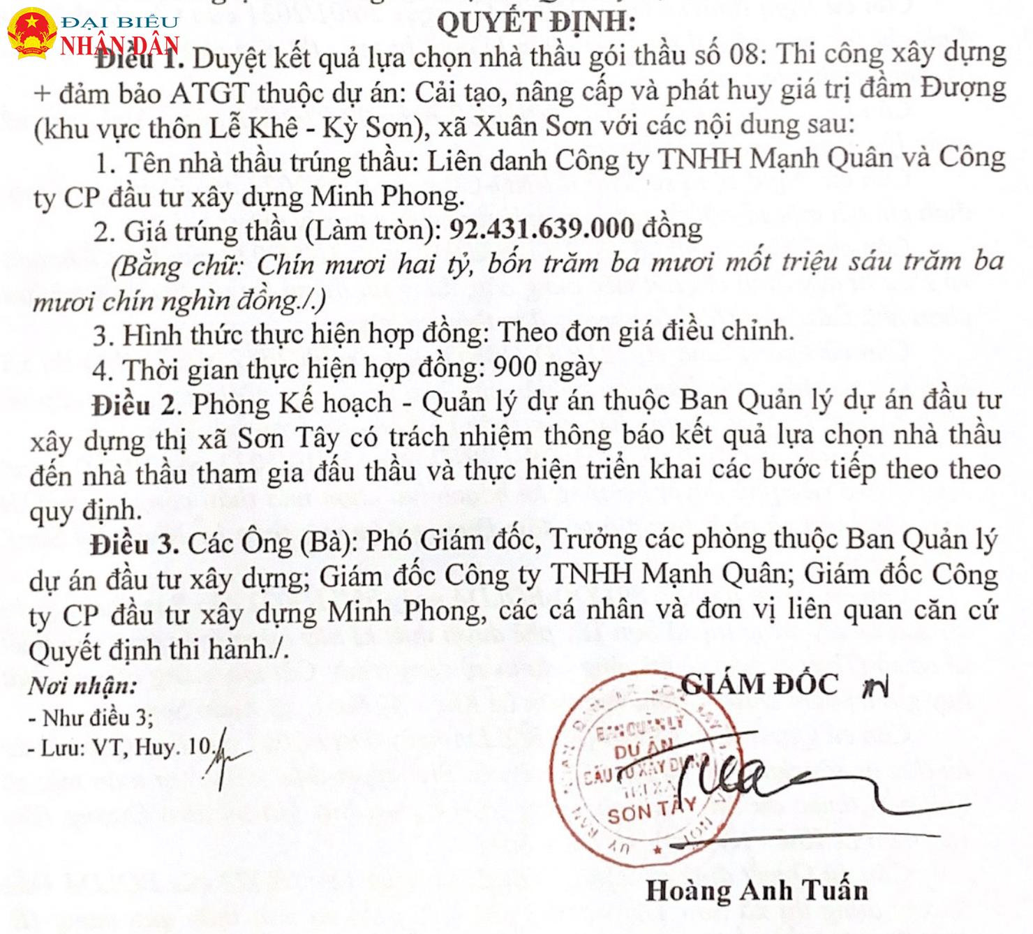 Hàng loạt các gói thầu đầu tư công do ban QLDA ĐTXD thị xã Sơn Tây làm chủ đầu tư có tỷ lệ tiết kiệm ngân sách 