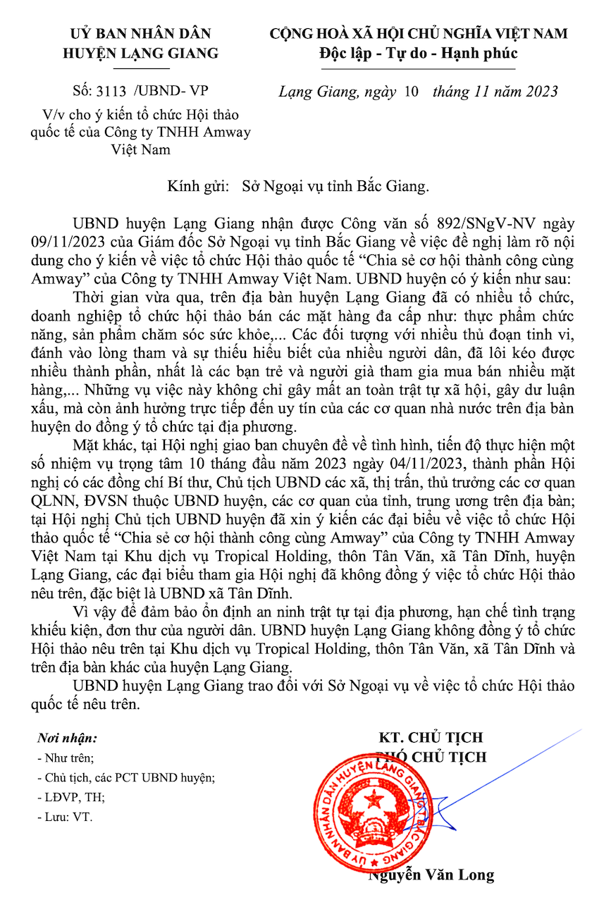 Tại sao Sở Ngoại vụ Bắc Giang nhất quyết đồng ý Công ty TNHH Amway Việt Nam tổ chức hội thảo bán hàng đa cấp? -0