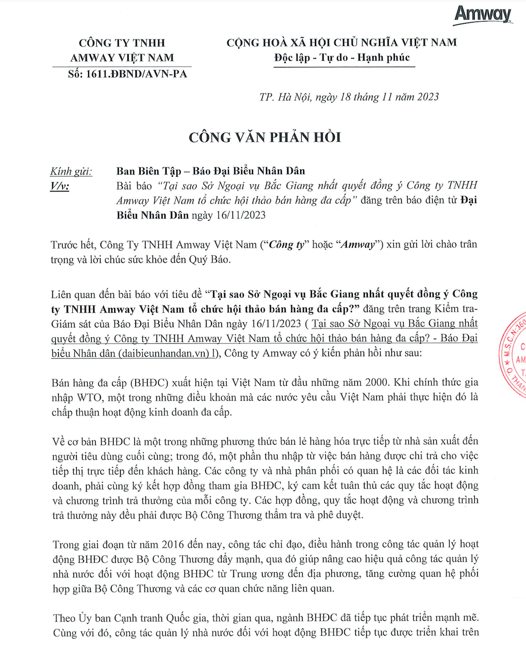 Công ty TNHH Amway Việt Nam khẳng định luôn tuân thủ pháp luật và xin hủy tổ chức chương trình tại tỉnh Bắc Giang -0