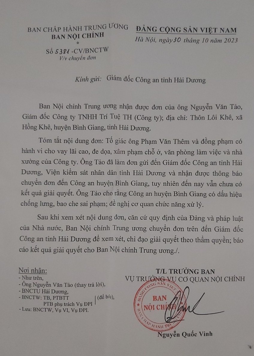 Ban Nội chính Trung ương, Cục Cảnh sát Hình sự đề nghị Công an tỉnh Hải Dương giải quyết tố cáo của công dân -0