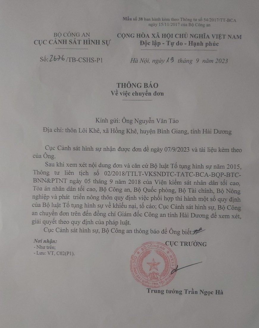Ban Nội chính Trung ương, Cục Cảnh sát Hình sự đề nghị Công an tỉnh Hải Dương giải quyết tố cáo của công dân -0