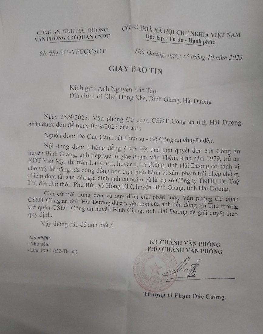 Ban Nội chính Trung ương, Cục Cảnh sát Hình sự đề nghị Công an tỉnh Hải Dương giải quyết tố cáo của công dân -0