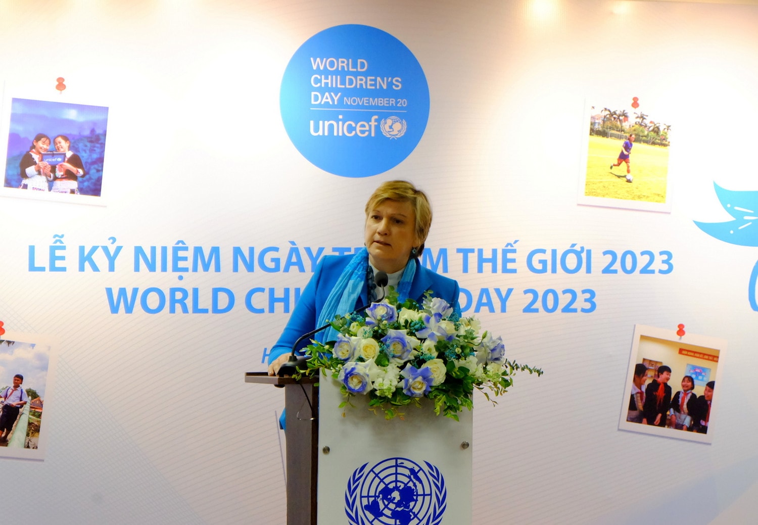 Bà Rana Flower, Trưởng Đại diện UNICEF tại Việt Nam phát biểu tại Lễ kỷ niệm Ngày Trẻ em thế giới 2023 sáng 28.11 Quan tâm chăm sóc sức khỏe tâm thần trẻ em -0