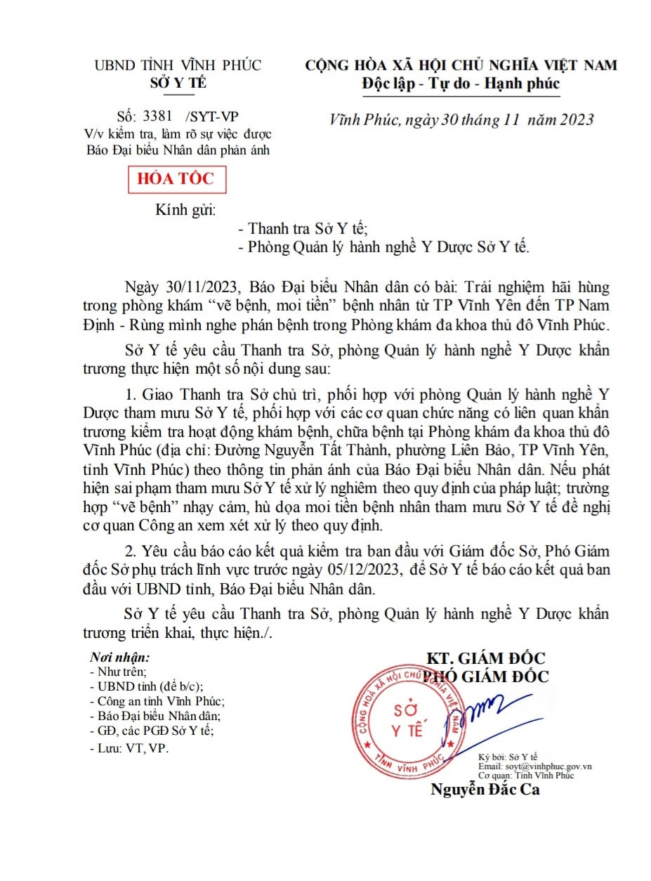 Sở Y tế 2 tỉnh Vĩnh Phúc và Nam Định đồng loạt ra Quyết định kiểm tra đột xuất 2 phòng khám “vẽ bệnh, moi tiền” bệnh nhân -0