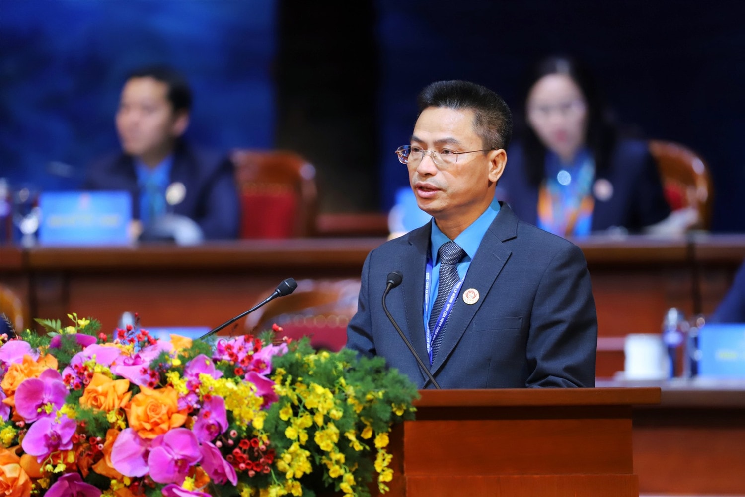 Phó Chủ tịch Công đoàn Thông tin và Truyền thông Việt Nam Phạm Quang Hưởng phát biểu tham luận tại Đại hội XIII Công đoàn Việt Nam. Ảnh: Tô Thế
