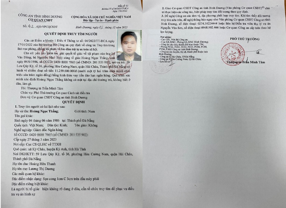 Công an Bình Dương truy tìm nguyên giám đốc chi nhánh ngân hàng TP Bank mượn hơn 11 tỷ đồng “đáo hạn” rồi bỏ trốn -0