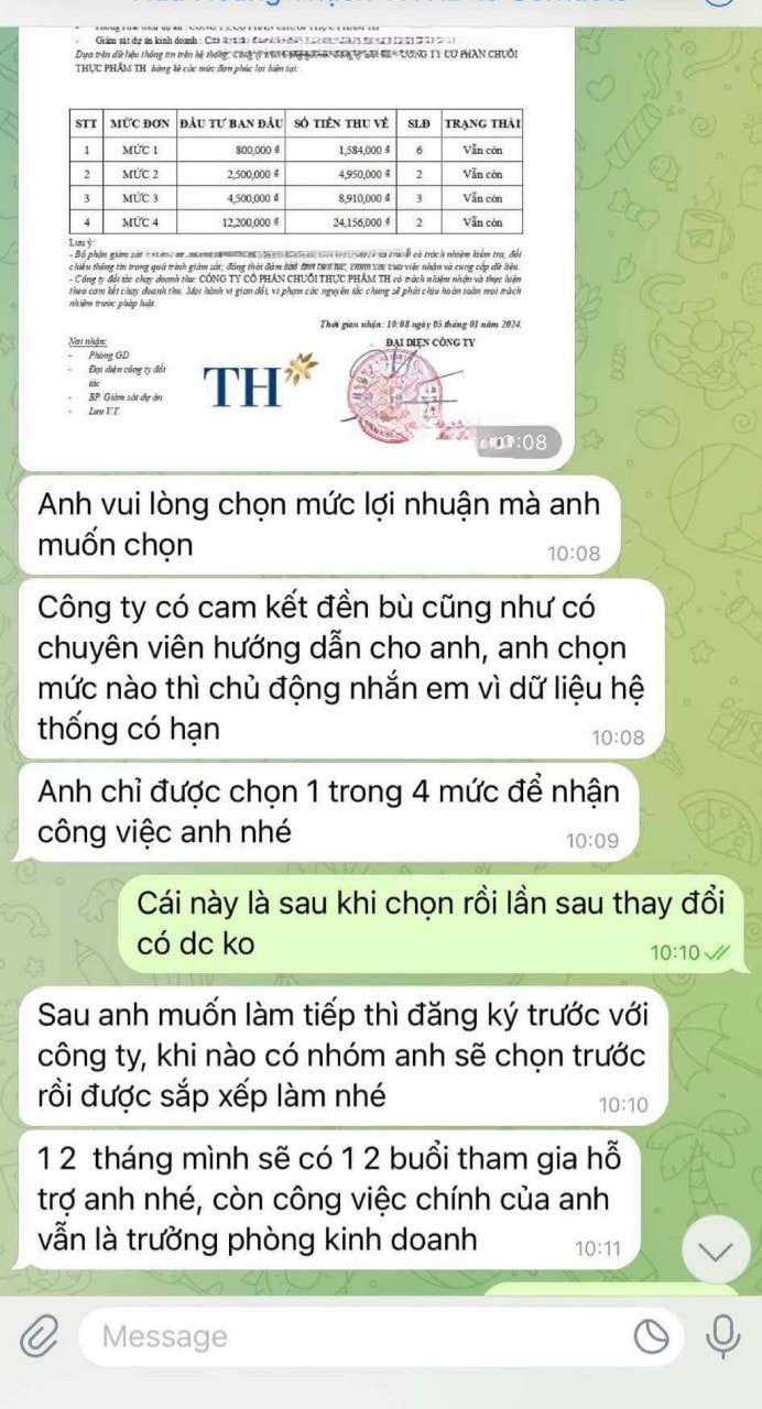 Đối tượng lừa đảo lợi dụng uy tín thương hiệu TH để chào mời người dân tham gia đầu tư. Ảnh: TH