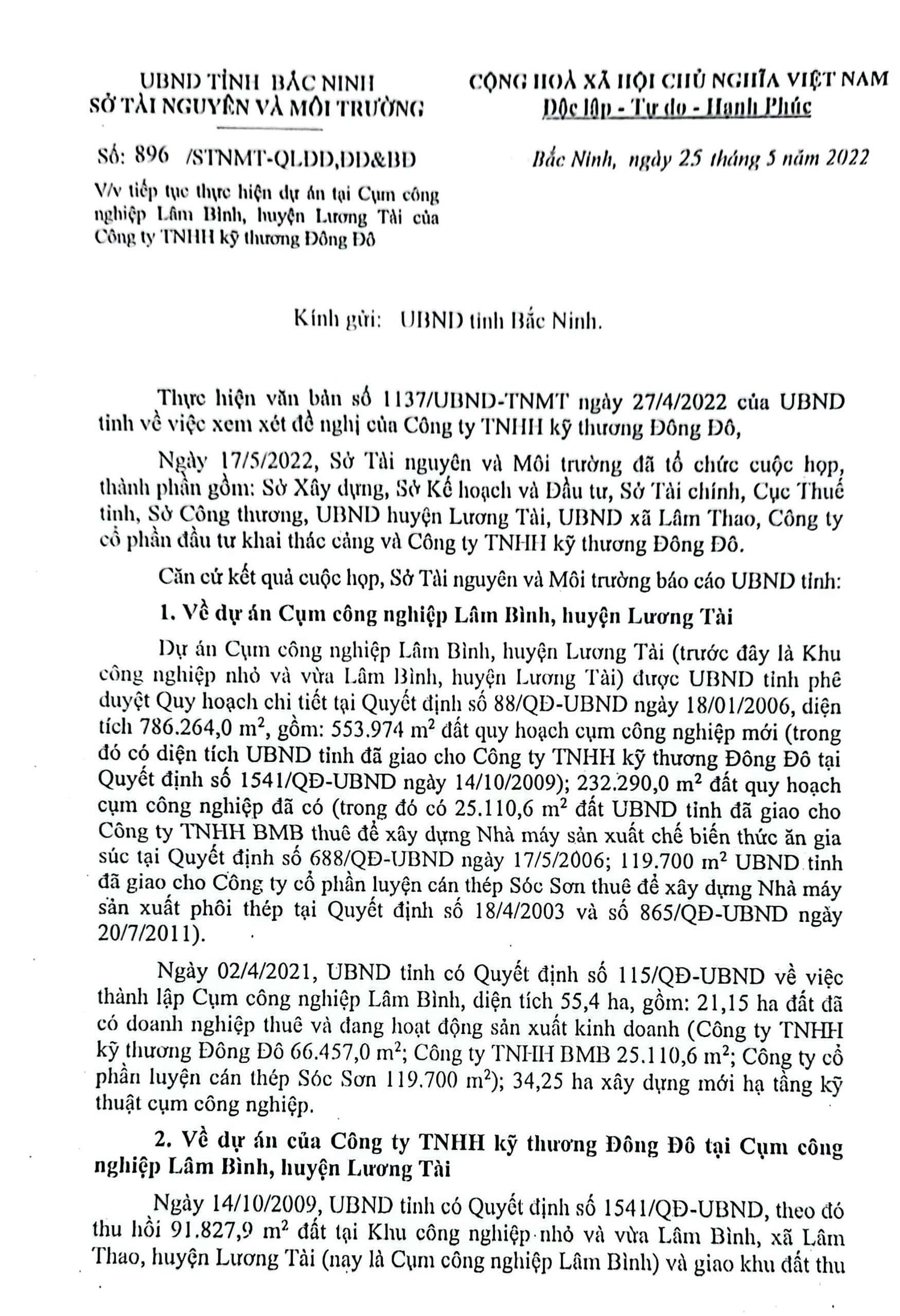 Chủ tịch tỉnh Bắc Ninh chỉ đạo giải quyết đơn thư của Công ty TNHH kỹ thương Đông Đô liên quan quy hoạch Cụm công nghiệp Lâm Bình -0