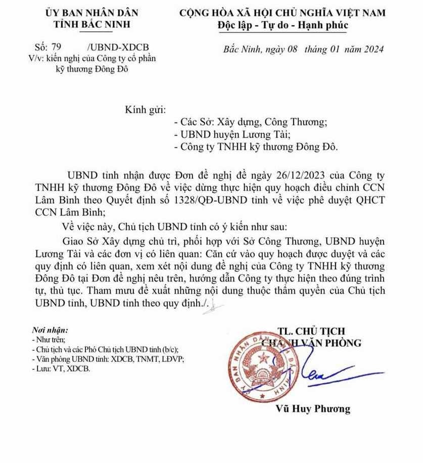 Chủ tịch tỉnh Bắc Ninh chỉ đạo giải quyết đơn thư của Công ty TNHH kỹ thương Đông Đô liên quan quy hoạch Cụm công nghiệp Lâm Bình -0