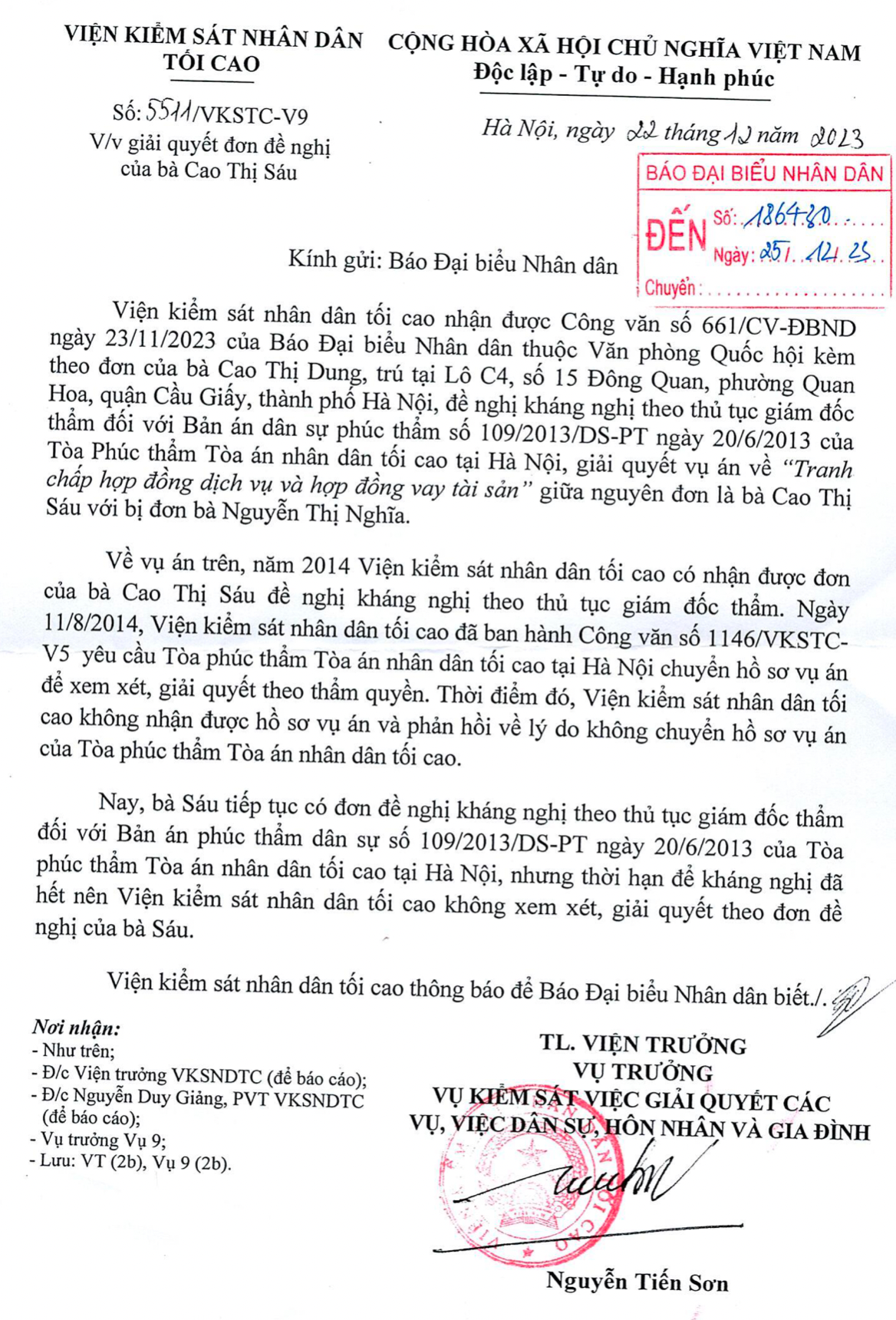 Toà án nhân dân tối cao trả lời đơn phản ánh của cử tri gửi Báo Đại biểu Nhân dân -0