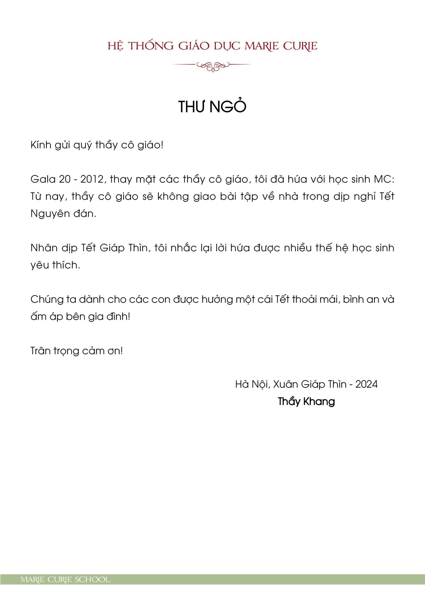 Thầy hiệu trưởng yêu cầu giáo viên không giao bài tập về nhà cho học sinh dịp nghỉ Tết -0