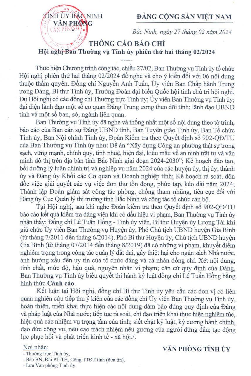 Kỷ luật cảnh cáo Bí thư Huyện uỷ Lương Tài -0