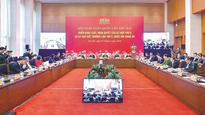 Hội nghị toàn quốc lần thứ hai triển khai luật, nghị quyết của Kỳ họp thứ Sáu và Kỳ họp bất thường lần thứ Năm, Quốc hội Khóa XV Ảnh: Hồ Long