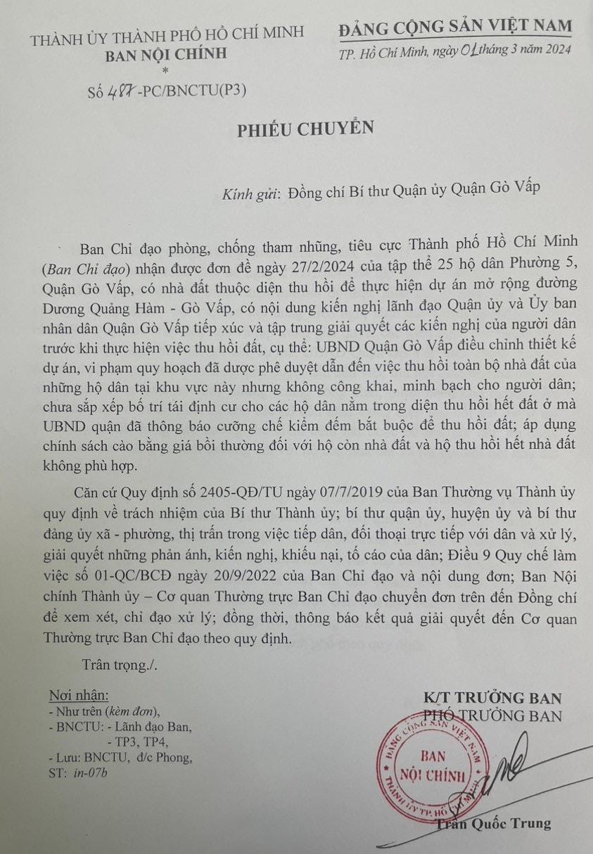 Ban Nội chính Thành uỷ TP. Hồ Chí Minh chuyển đơn đến Bí thư quận uỷ quận Gò Vấp đề nghị xem xét, giải quyết kiến nghị của tập thể người dân -0