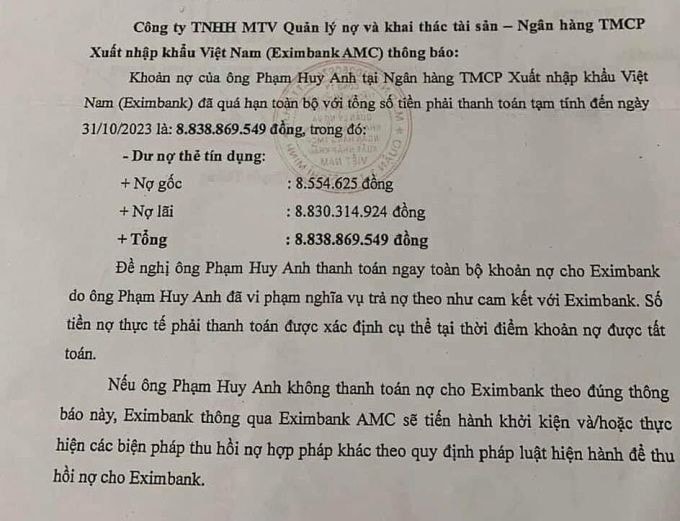 Thông tin chi tiết vụ nợ thẻ tín dụng gần 9 triệu thành nợ xấu gần 9 tỷ đồng tại Eximbank -0