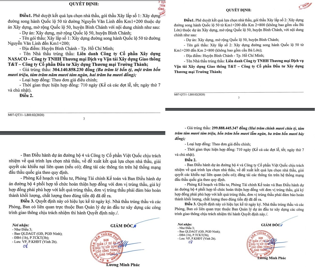 Ông Lương Minh Phúc – Giám đốc Ban QLDA ĐTXD các công trình giao thông TP. Hồ Chí Minh ký 2 quyết định phê duyệt cho liên danh phía Công ty Giao thông T&T trúng liền 2 gói thầu trong một ngày với cùng kịch bản