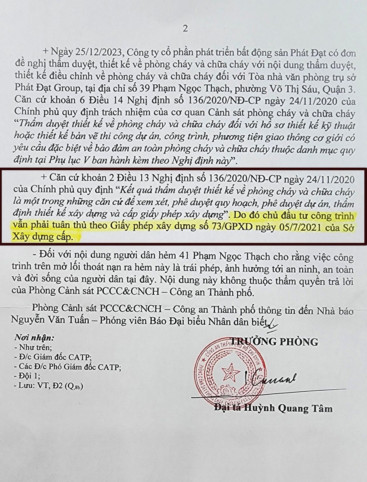 Vụ toà nhà Công ty BĐS Phát Đạt mở lối đi trái phép: Phòng Cảnh sát PCCC Công an TP. Hồ Chí Minh yêu cầu tuân thủ giấy phép xây dựng