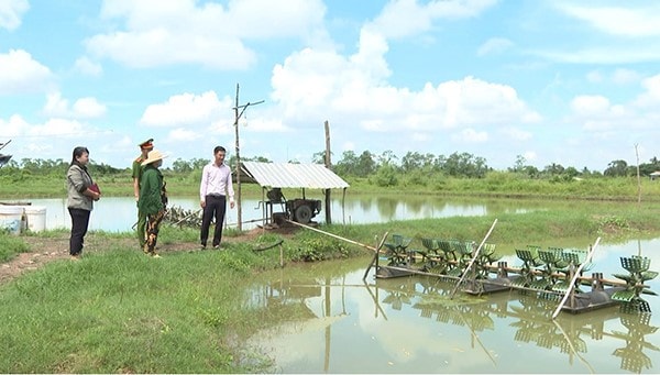 Bà Hữu Thị Thê và con trai vay vốn chính sách để cải tạo ao nuôi tôm Ảnh: V. Hải