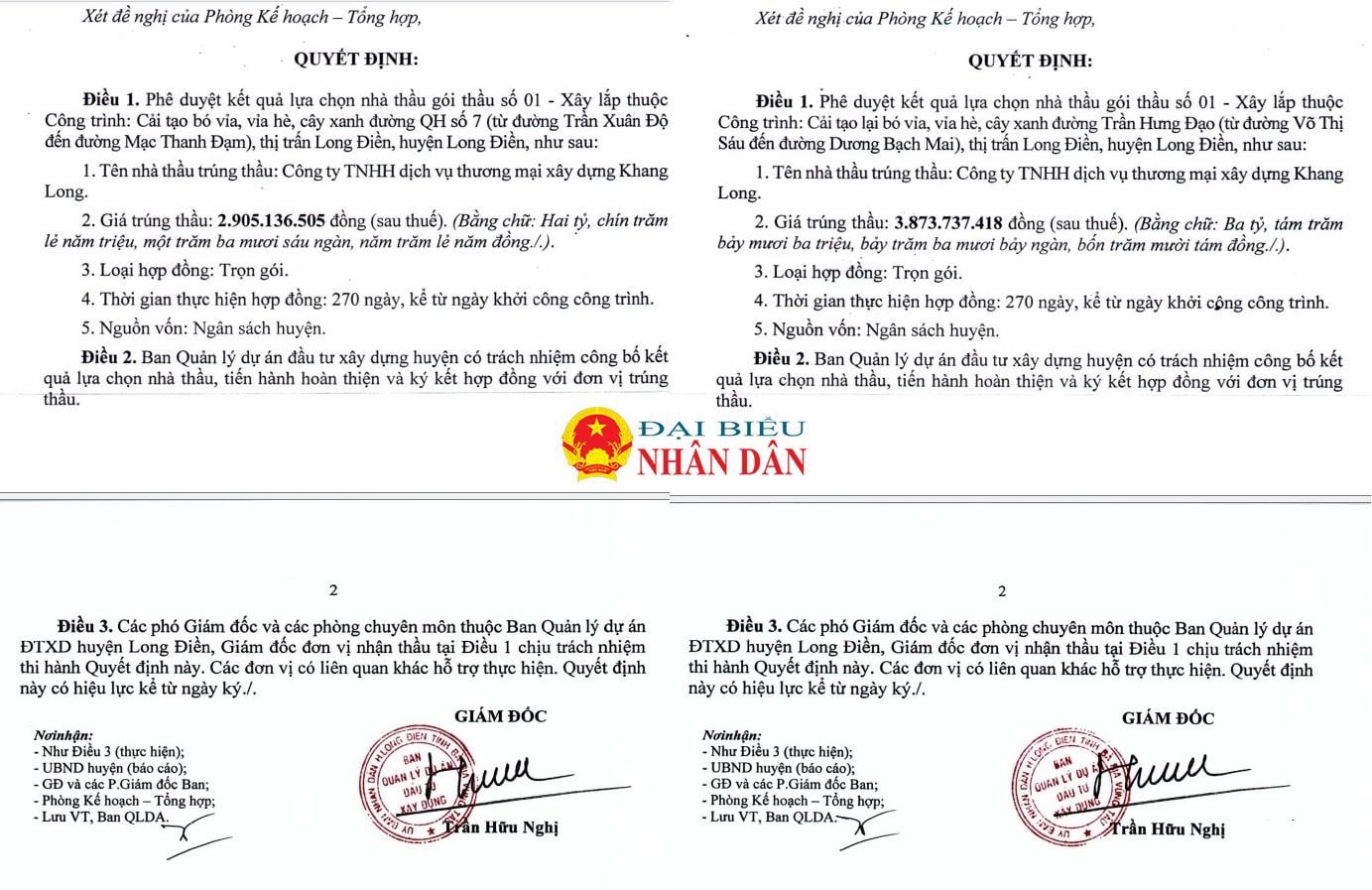 Trong 1 ngày, ông Trần Hữu Nghị – Giám đốc ban Ban QLDA ĐTXD huyện Long Điền đã liên tiếp ký 2 quyết định phê duyệt cho Công ty Khang Long trúng liền 2 gói thầu đầu tư công