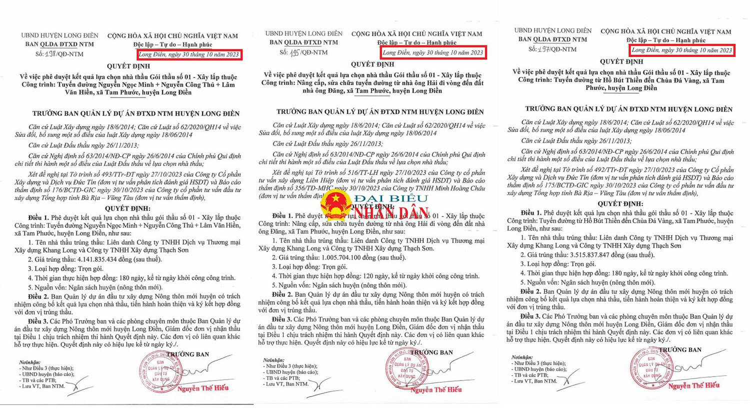 Trong ngày 30.10.2023, Ban QLDA ĐTXD nông thôn mới huyện Long Điền đã liên tiếp ra 3 quyết định phê duyệt cho liên danh phía Công ty Khang Long trúng liền 3 gói thầu