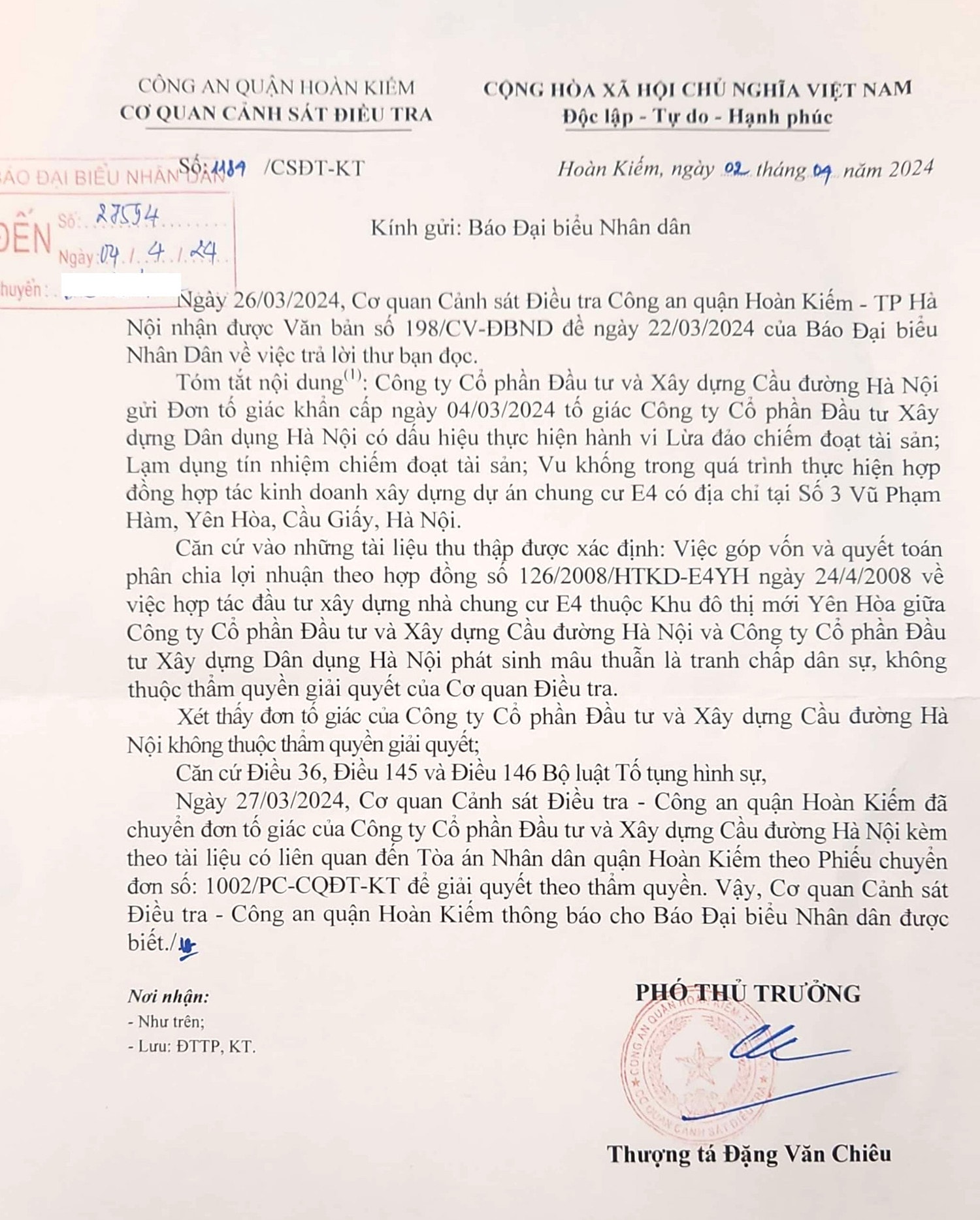 Công an quận Hoàn Kiếm chuyển đơn tố giác của Công ty CP ĐT&XD cầu đường Hà Nội đến Toà án, doanh nghiệp tiếp tục gửi đơn tố cáo -0
