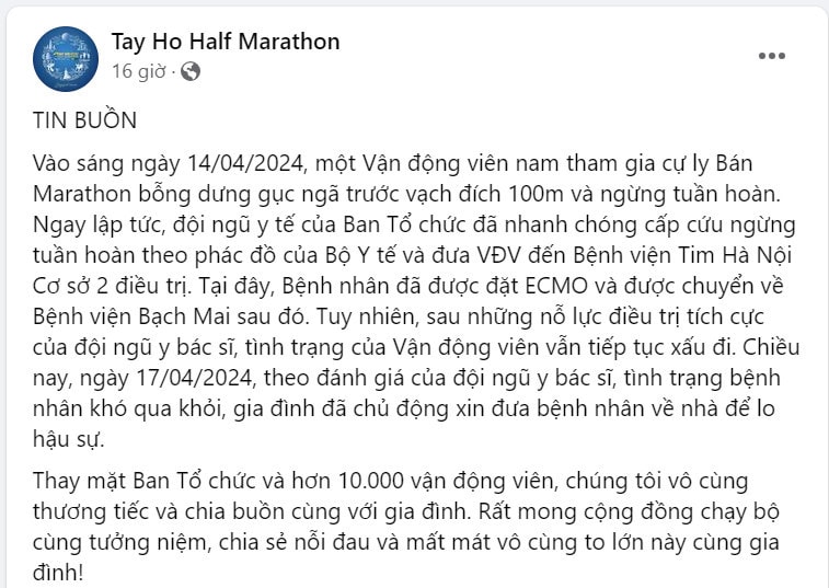 Nam thanh niên ngừng tim ngay trước vạch đích tại giải chạy Tây Hồ đã không qua khỏi -0