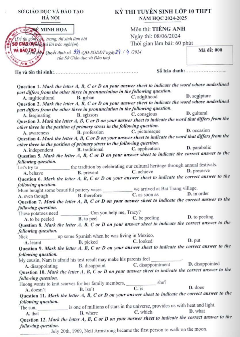 Hà Nội: Công bố cấu trúc và đề minh họa kỳ thi vào lớp 10 năm 2024 -0