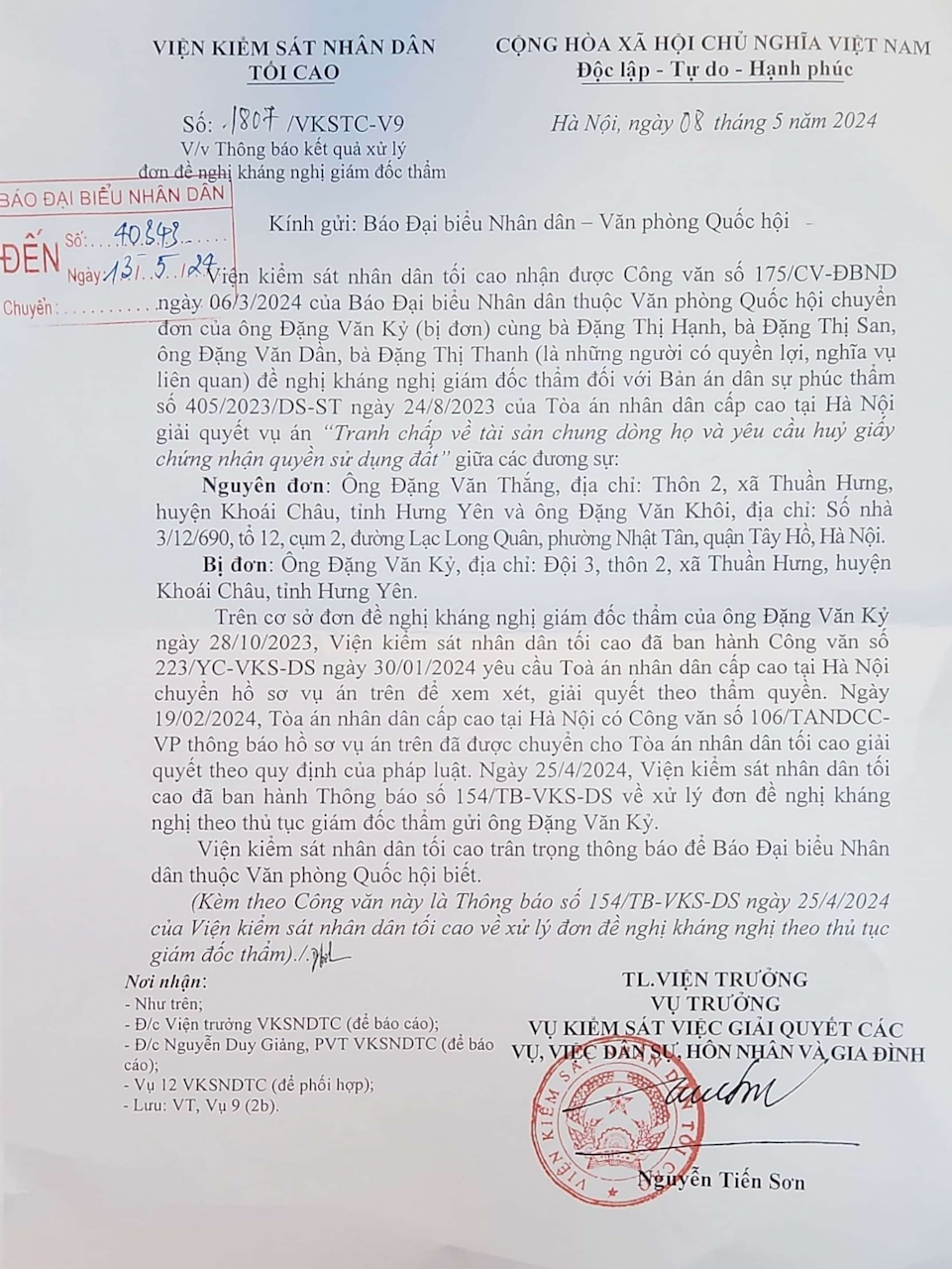 Viện kiểm sát nhân dân tối cao phản hồi đơn kêu cứu của cử tri gửi Báo Đại biểu Nhân dân -0