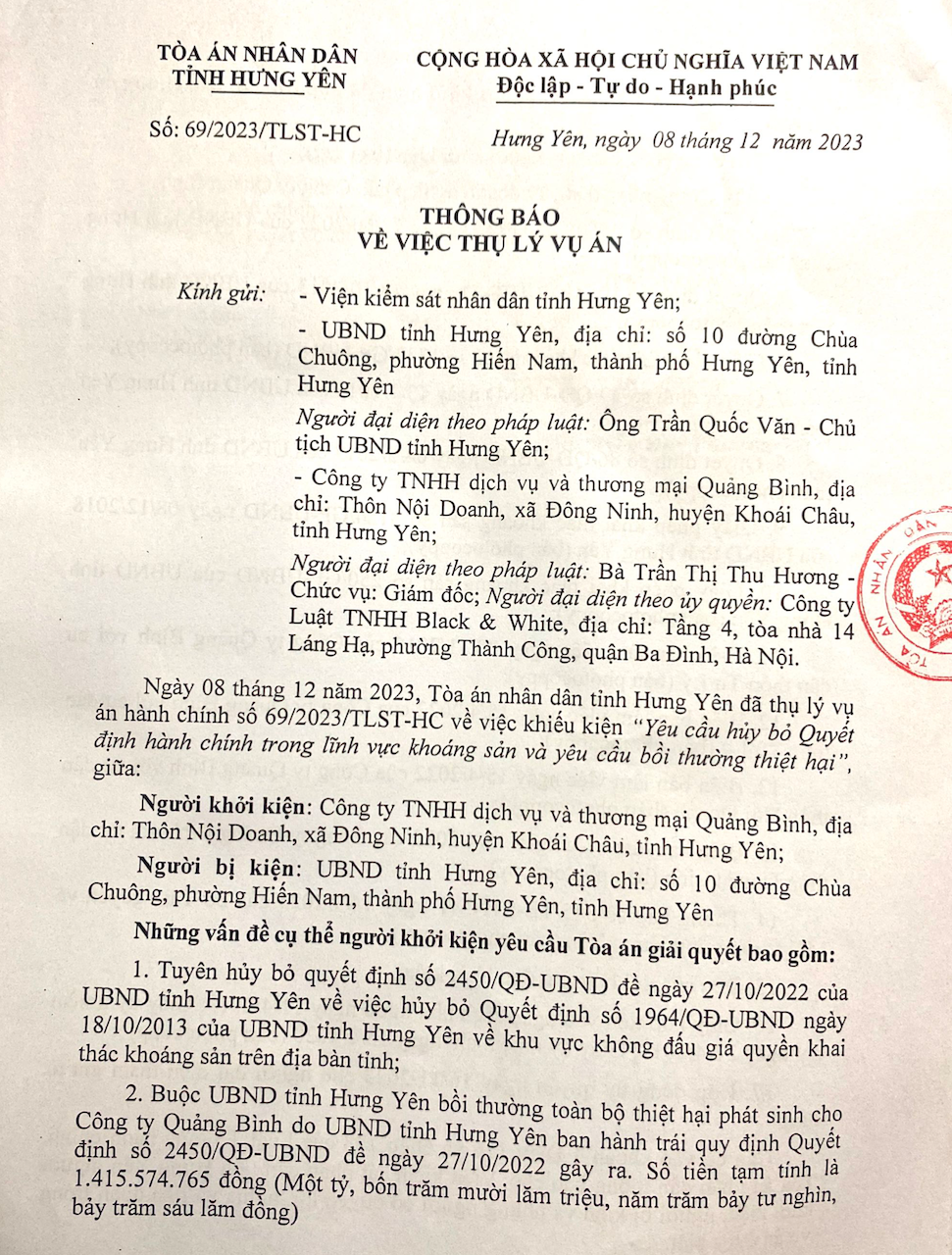 Chuẩn bị xét xử vụ doanh nghiệp khởi kiện UBND tỉnh Hương Yên -0