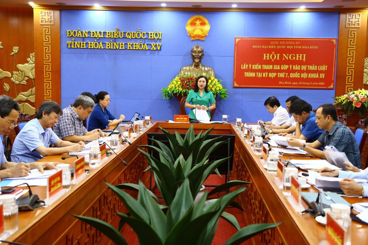 Toàn cảnh hội nghị. Ảnh T. Tâm Đoàn ĐBQH tỉnh Hòa Bình lấy ý kiến tham gia vào 3 dự thảo Luật trình tại Kỳ họp thứ Bảy -0