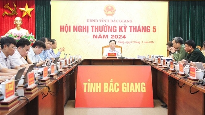 Toàn cảnh hội nghị thường kỳ tháng 5.2024 của UBND tỉnh Bắc Giang. Ảnh: ITN