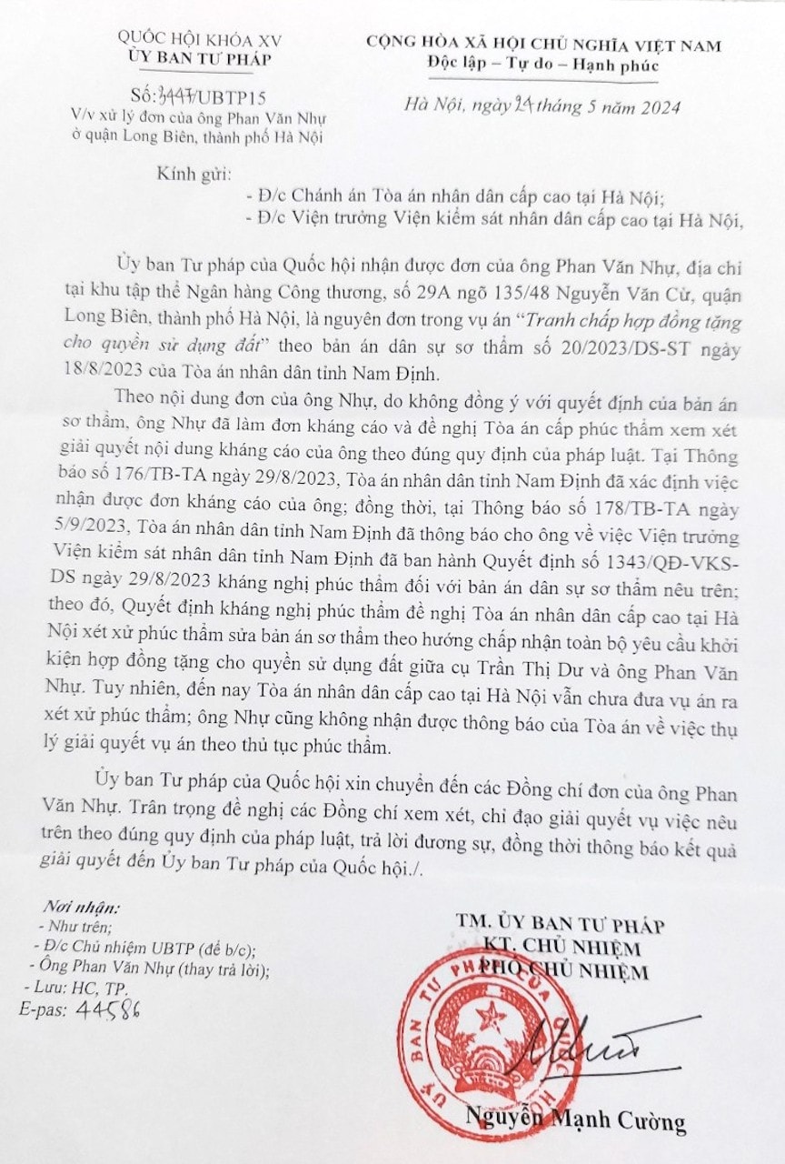 Ủy ban Tư pháp của Quốc hội đề nghị Tòa án nhân dân cấp cao tại Hà Nội xem xét, giải quyết xử lý đơn của ông Phan Văn Nhự ở quận Long Biên, thành phố Hà Nội -0