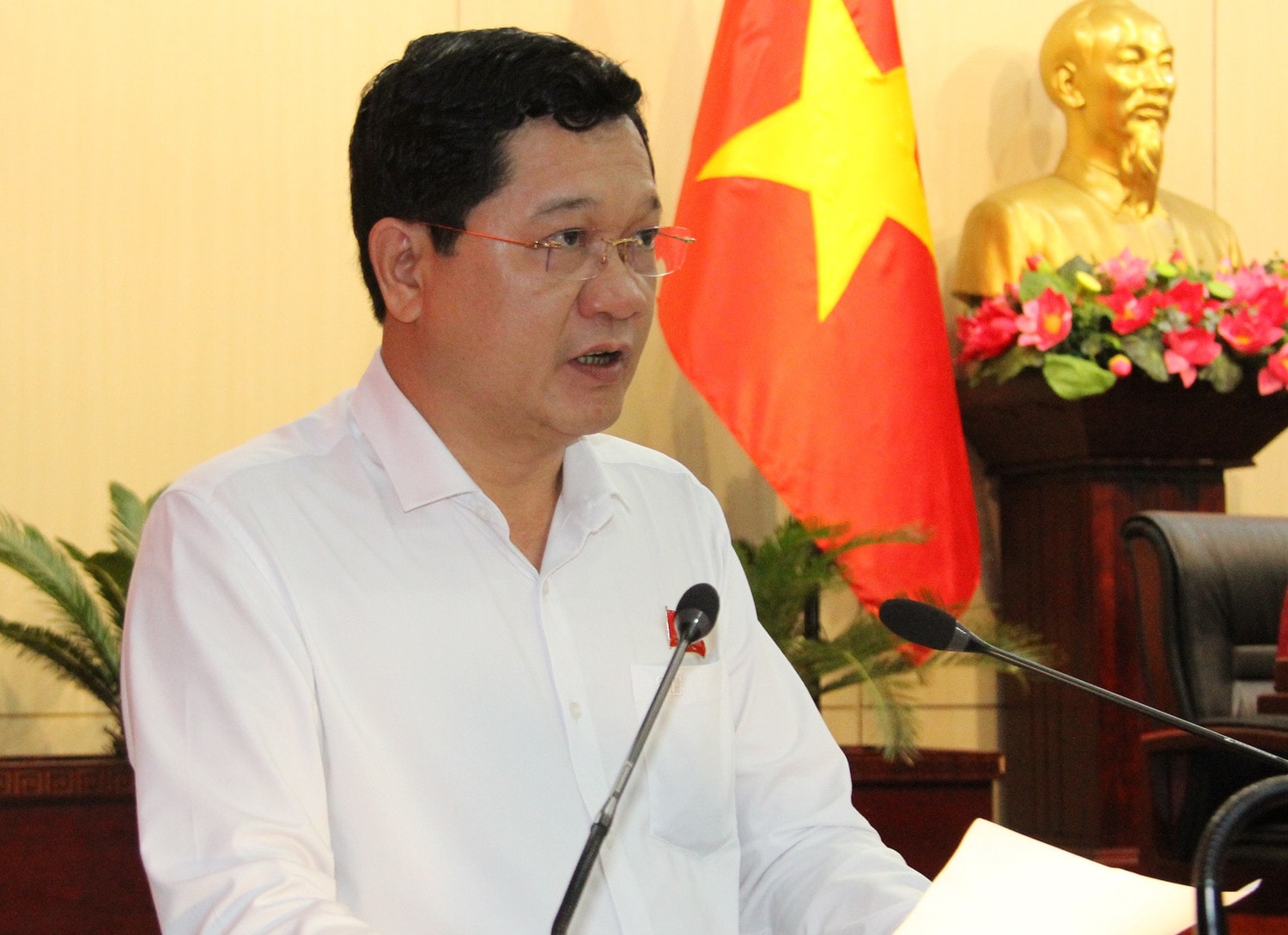 Phó Chủ tịch Thường trực phụ trách HĐND thành phố Trần Phước Sơn phát biểu tại hội nghị Kiến nghị nâng mức hỗ trợ, kinh phí cho lực lượng bảo vệ dân phố, dân phòng