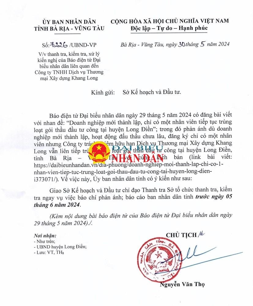 UBND tỉnh Bà Rịa – Vũng Tàu chỉ đạo thanh tra, kiểm tra, xử lý kiến nghị của Báo Đại biểu Nhân dân về công tác đấu thầu -0