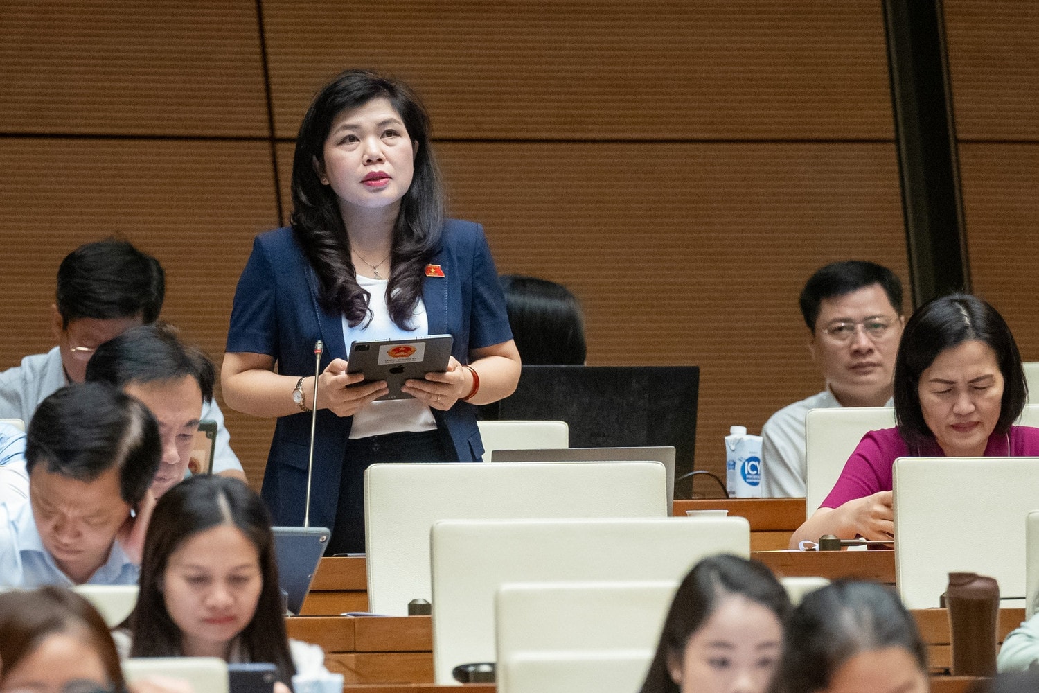Phó trưởng Đoàn chuyên trách Đoàn ĐBQH tỉnh Quảng Ninh Nguyễn Thị Thu Hà thảo luận một số nội dung liên quan đến chế định HTND. Ảnh: Lâm Hiển 