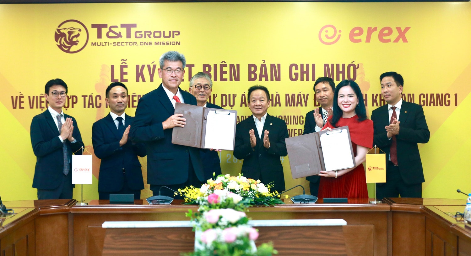 Đại diện lãnh đạo Tập đoàn T&T Group và Tập đoàn Erex ký kết thỏa thuận hợp tác. T&T Group và tập đoàn Erex (Nhật Nản) hợp tác phát triển nhà máy điện sinh khối tại An Giang -0