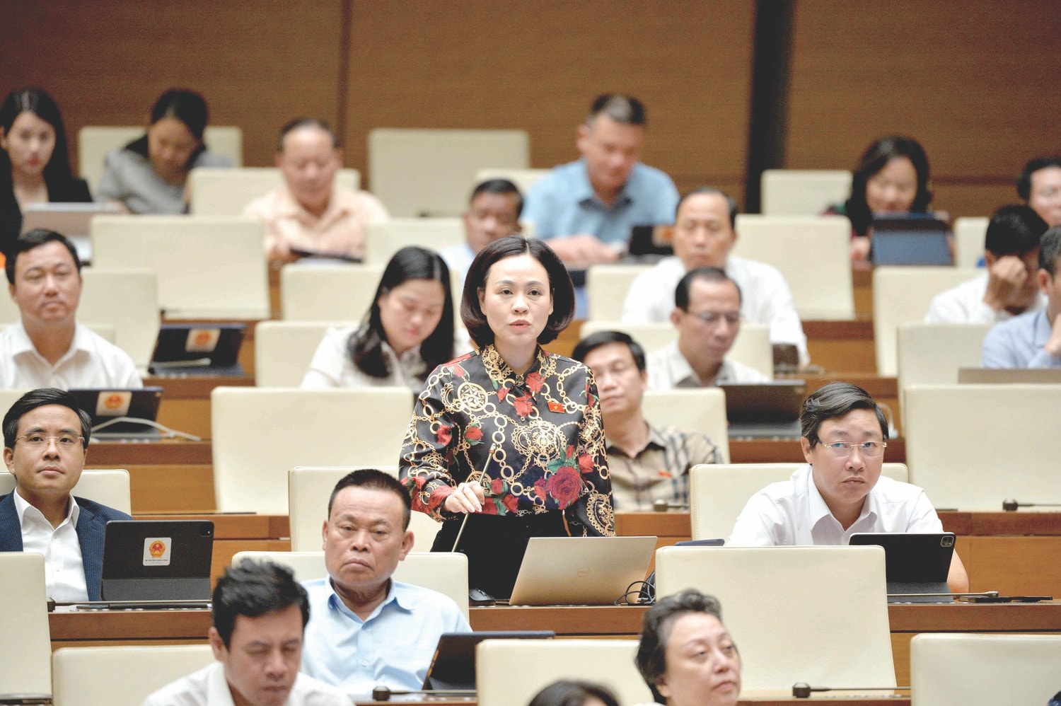 Đại biểu Quốc hội Trần Thị Hồng Thanh (Ninh Bình) phát biểu tại hội trường Ảnh: Hồ Long