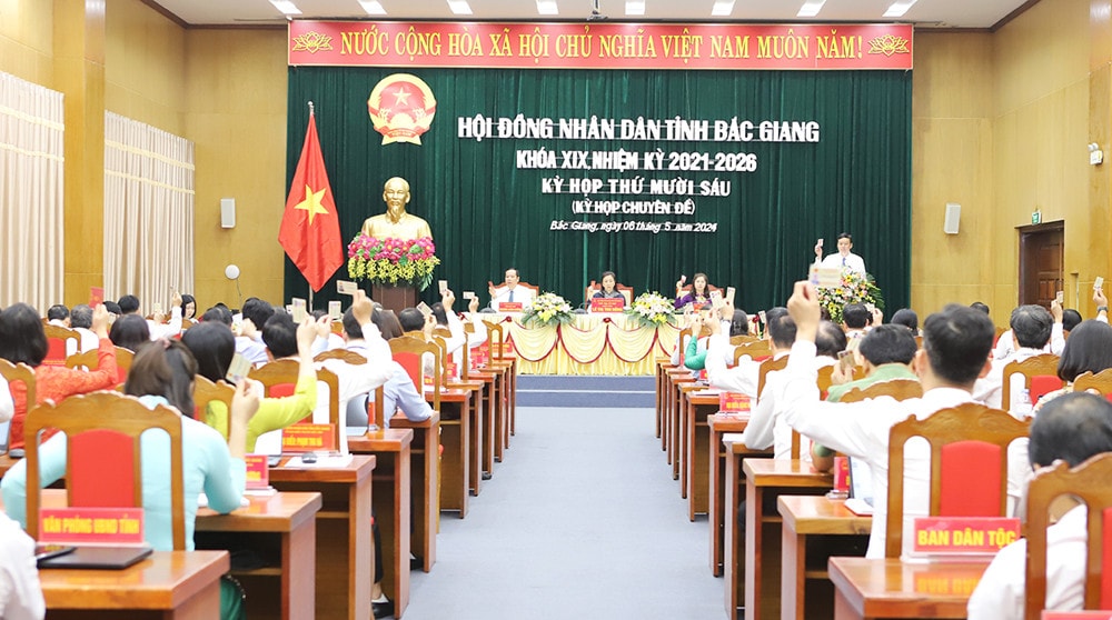 Các đại biểu biểu quyết thông qua các nghị quyết tại Kỳ họp thứ 16 (kỳ họp chuyên đề) HĐND tỉnh Bắc Giang - ẢNH TVH