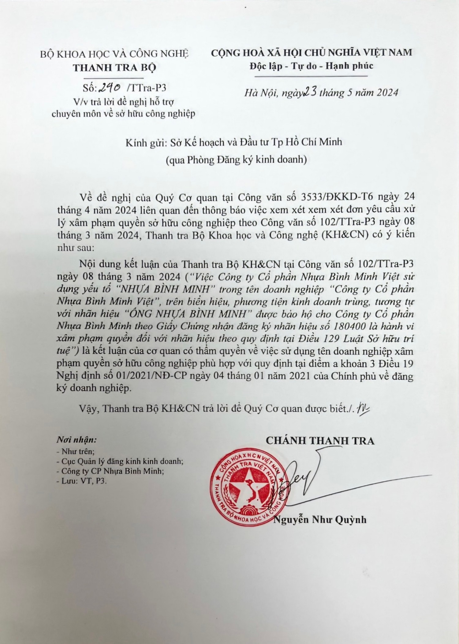 TP. Hồ Chí Minh: Yêu cầu Công ty Cổ phần Nhựa Bình Minh Việt đổi tên vì xâm phạm nhãn hiệu đang được bảo hộ