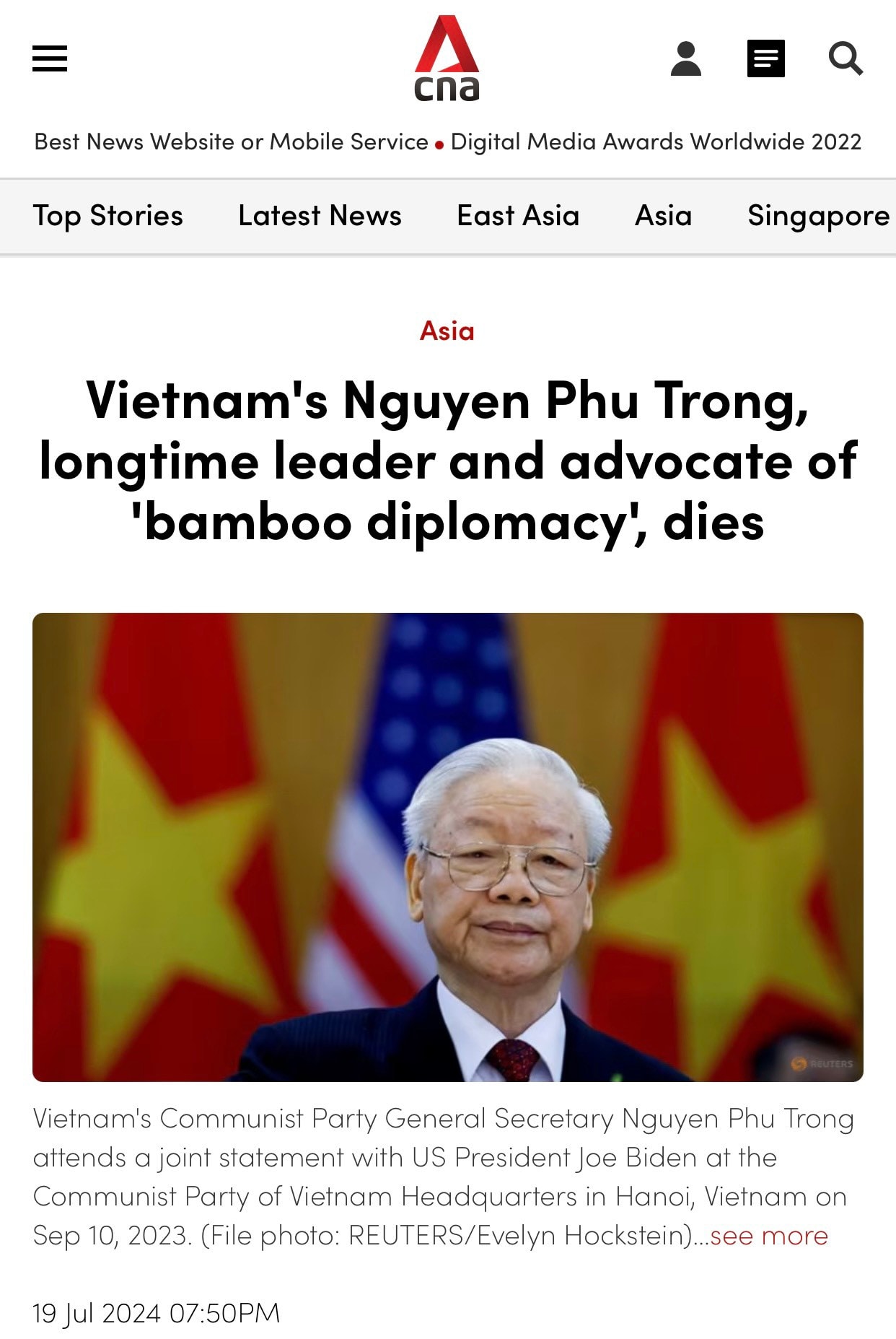 Bài báo trên trang nhất tờ Channel News Asia với dòng tít: 