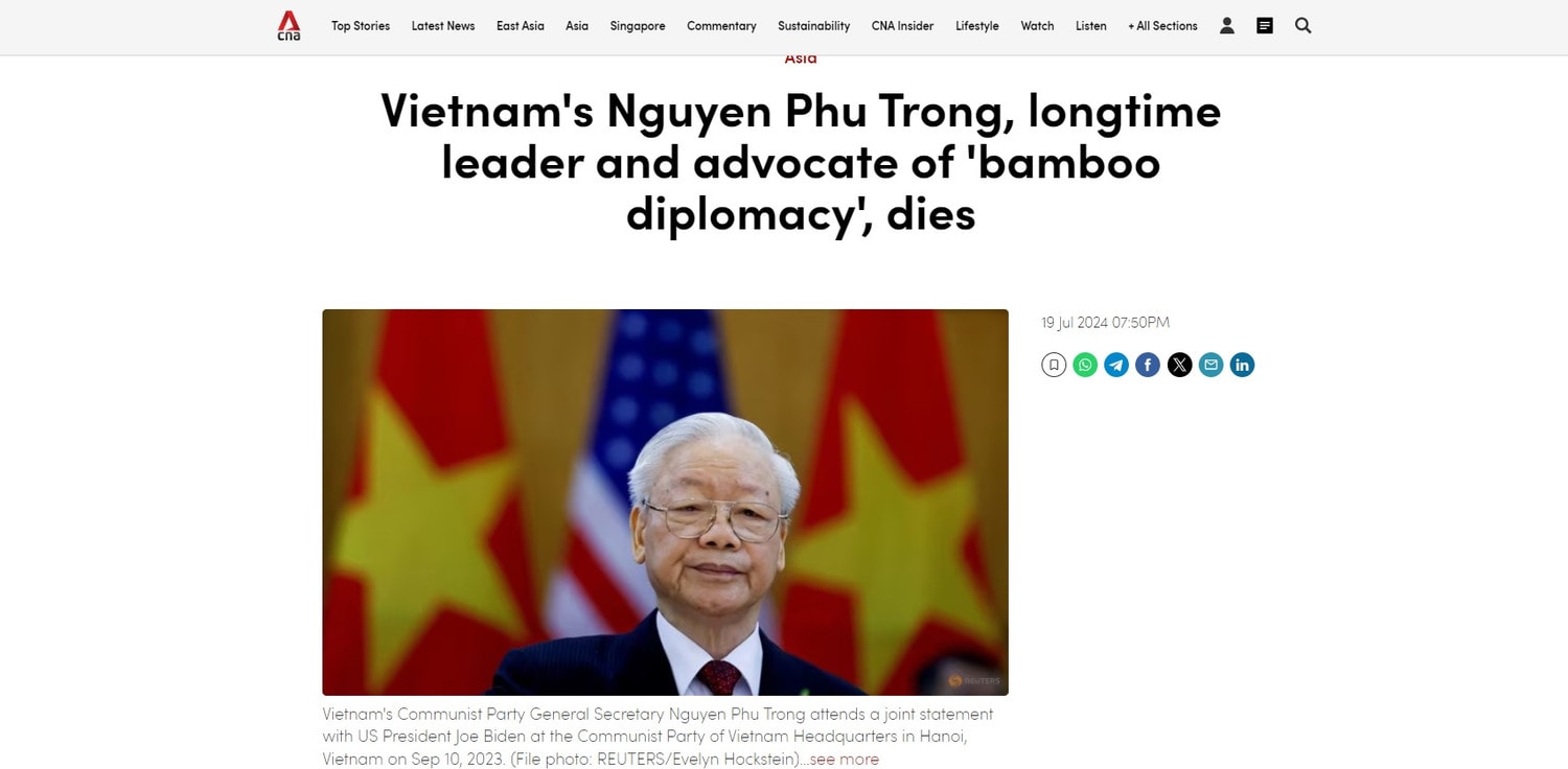 Bài báo ca ngợi thành tựu của Tổng Bí thư Nguyễn Phú Trọng trên trang Channel News Asia