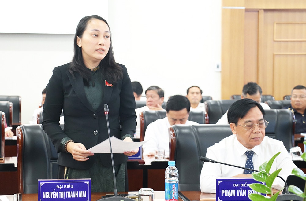 Đại biểu Nguyễn Thị Thanh Mai (TP. Tân Uyên) chất vấn tại kỳ họp -ẢNH YẾN NHI
