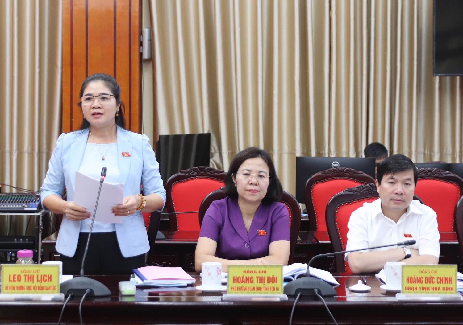 Ủy viên Thường trực Hội đồng Dân tộc Leo Thị Lịch phát biểu tại cuộc làm việc - Ảnh H.Ngọc